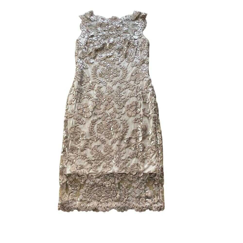 Tadashi Shoji Paillette Sequin Lace Embroidered Sheath Dress Dusty Rose Size 6